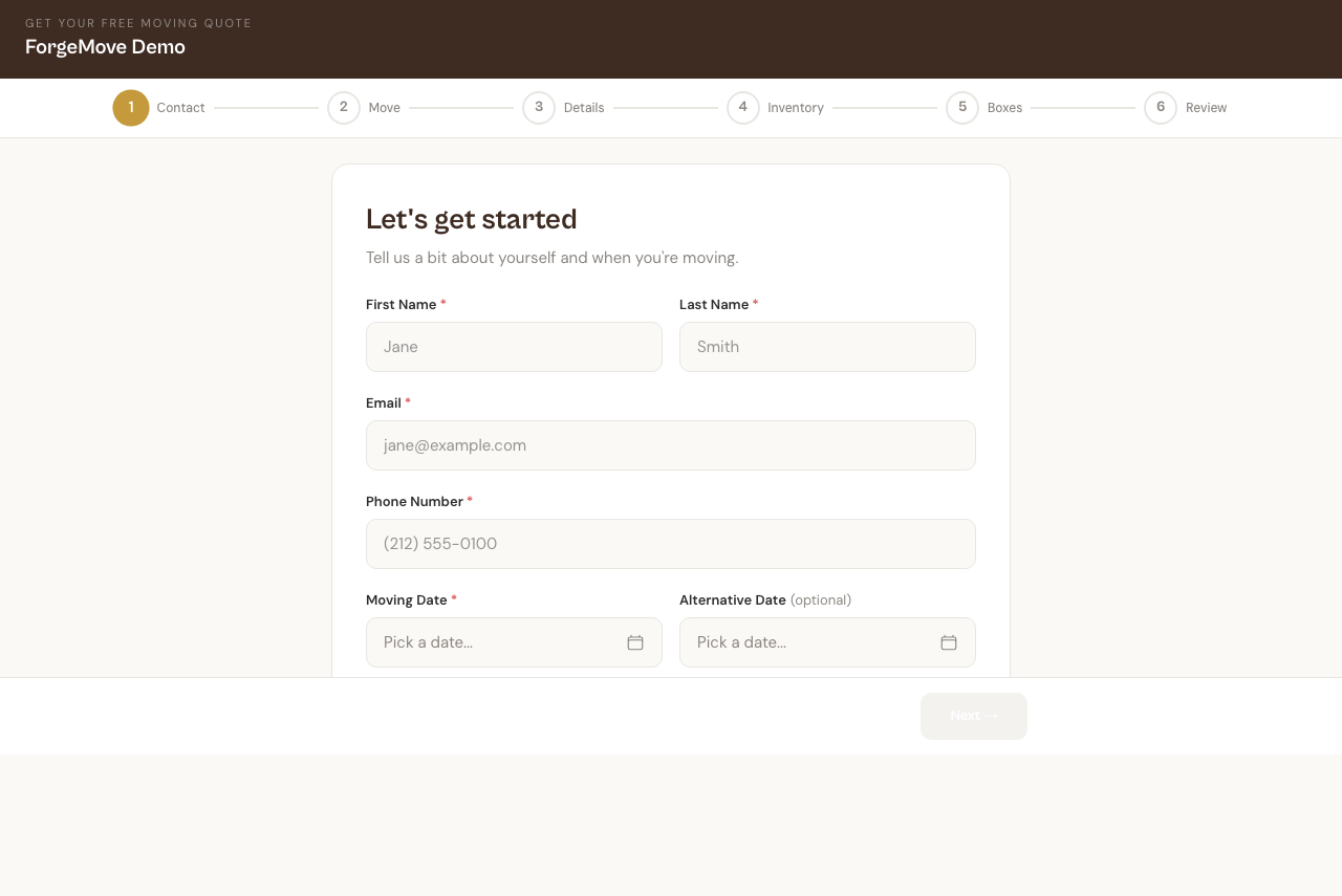 ForgeMove intake form — Contact — 30 seconds to start